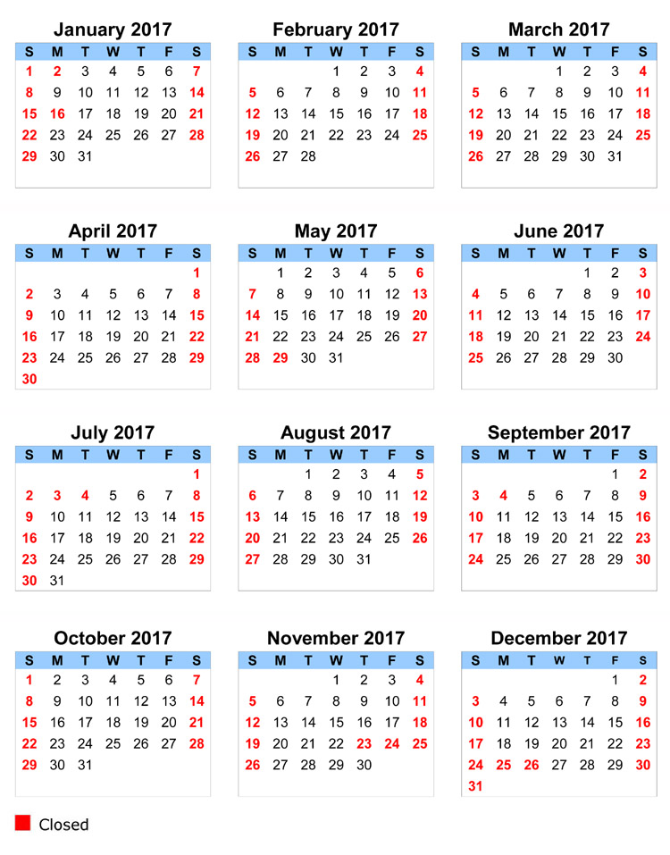 calendar listing days the office is open and closed